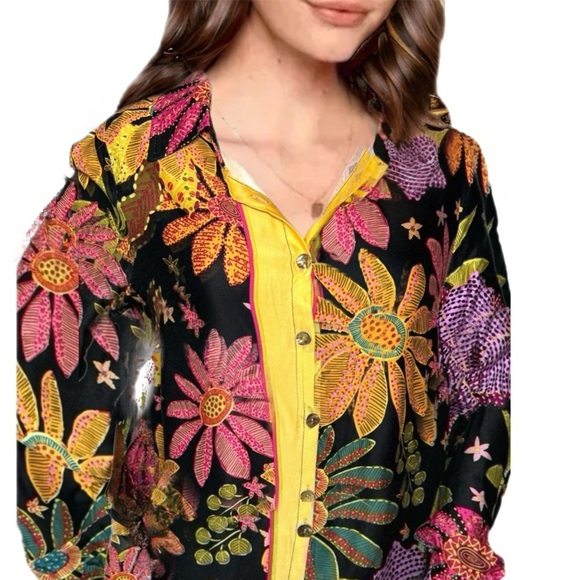 Cynthia Rowley Designer Floral Boho Button Up Blouse Long Sleeve Women’s Large - Picture 3 of 16